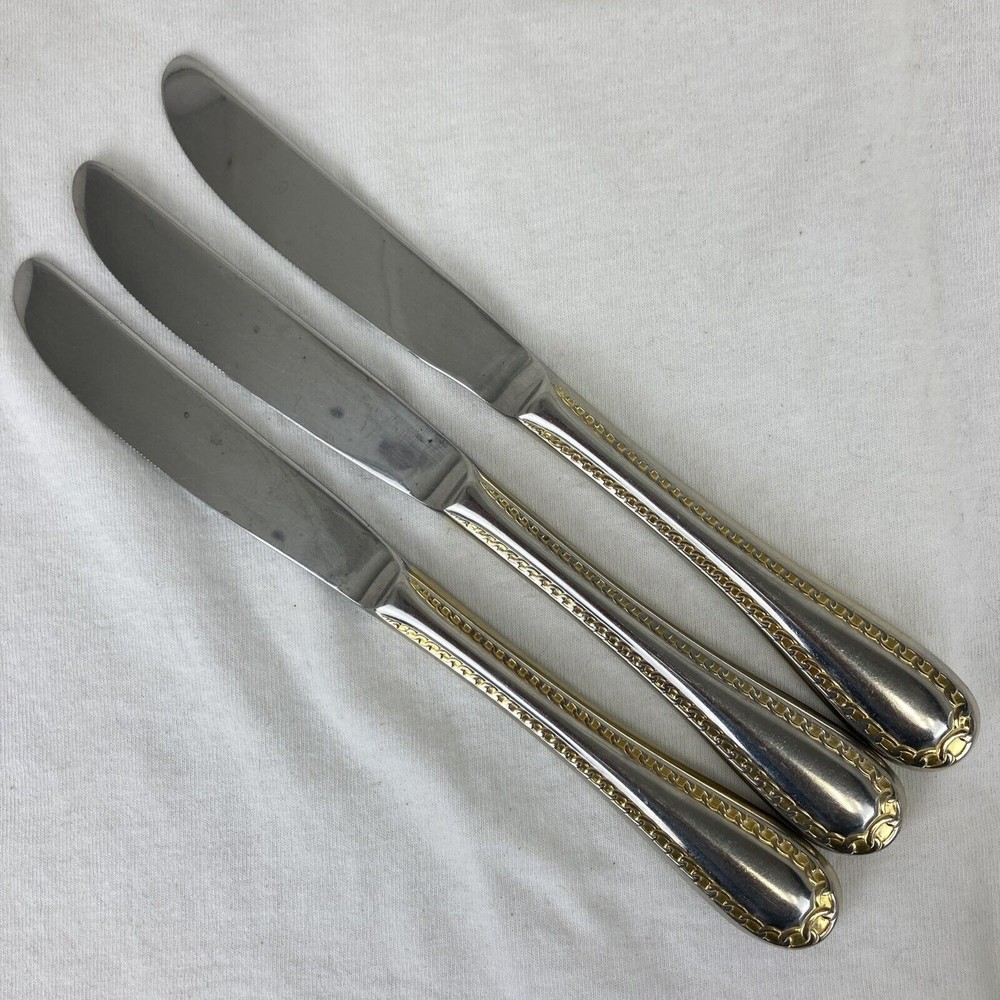 3 Retroneu GOLD ACCENT Chain 9 1/2” Dinner Knife 18/8 Korea Stainless Pre owned
